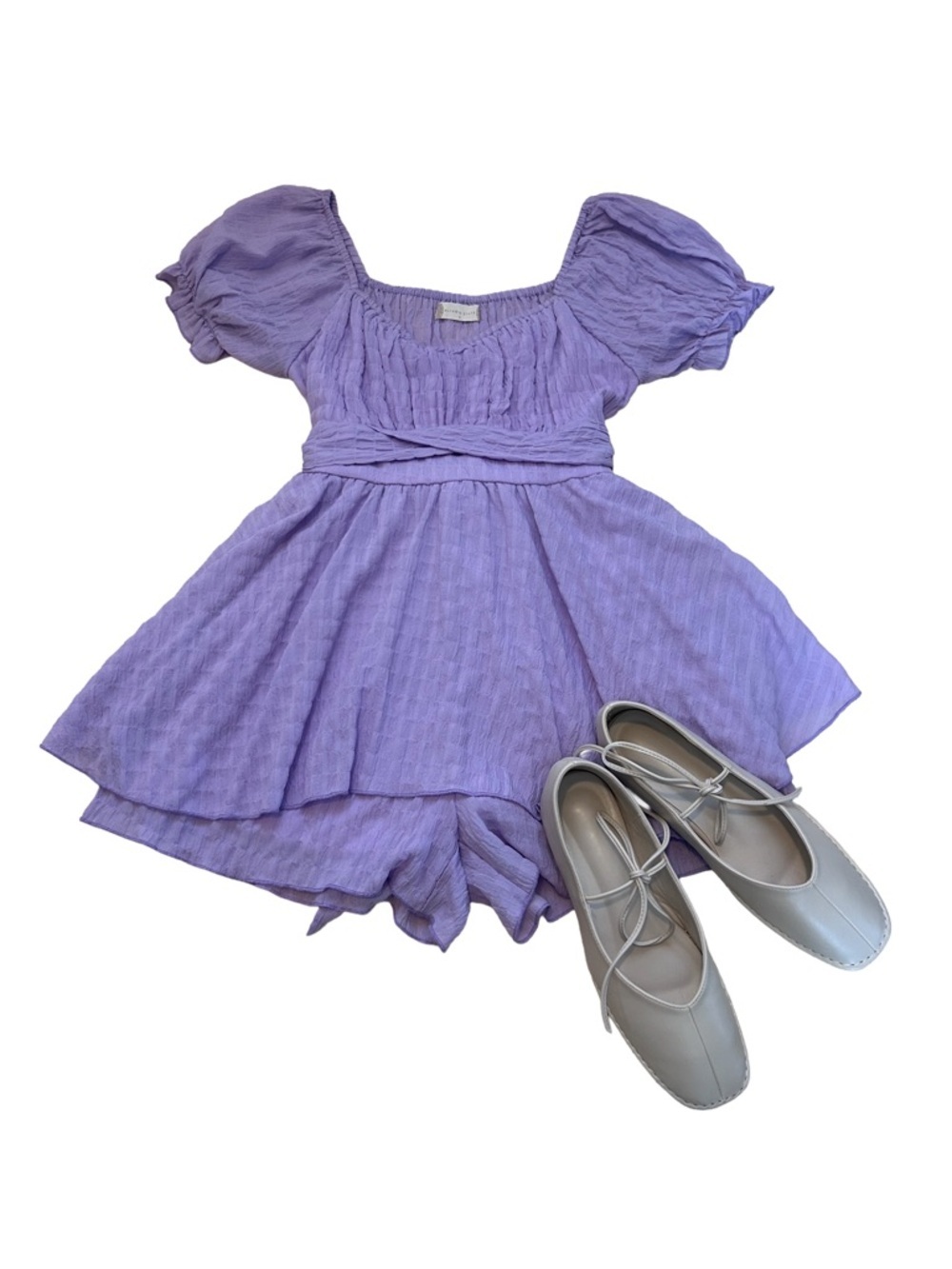 Altar’d State Lavender Cottagecore Textured Puff‑Sleeve Romper | Size S